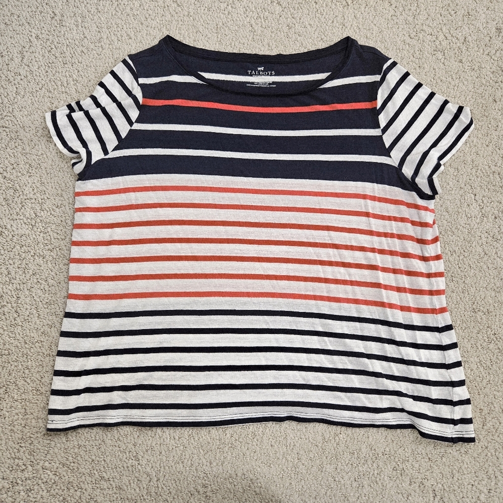 Talbots 2XP Petite Short Sleeve Shirt Red White Blue Rayon Linen Blend Coastal